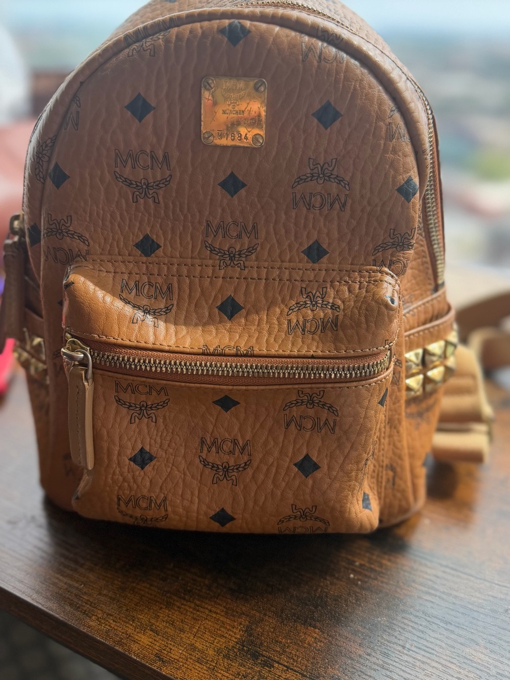 MCM Stark Side Studs Visetos Cognac Backpack โ COA Included